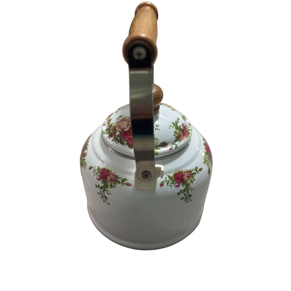 Vintage Royal Albert Tea Kettle White Stovetop Pot Wood Handle Rose Pattern - Picture 10 of 13